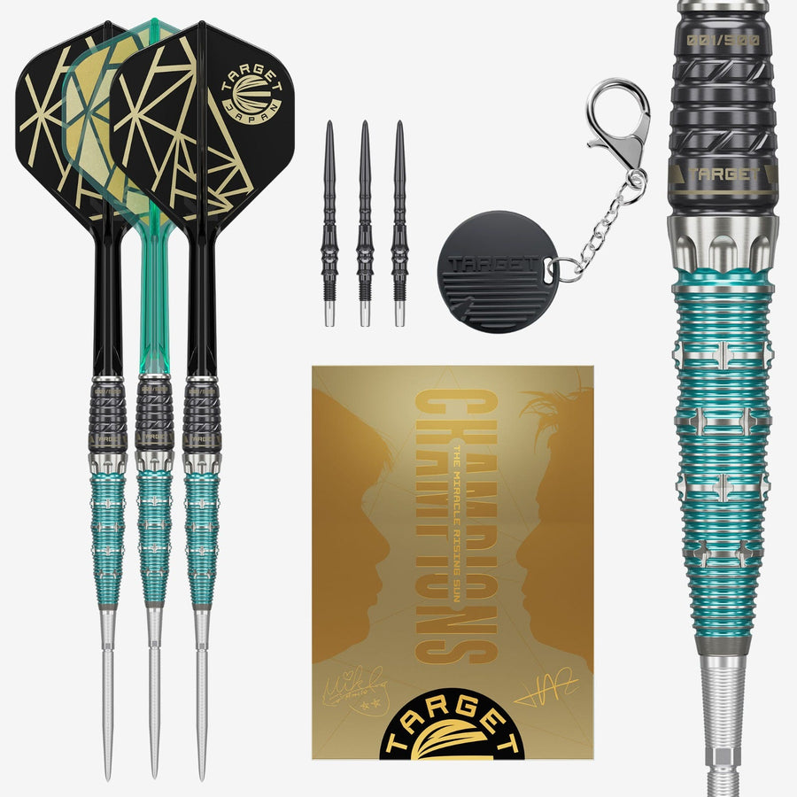 The Miracle Rising Sun Limited Edition Champions Set Steel Tip Darts - 95% Tungsten – set of three darts and presentation packaging