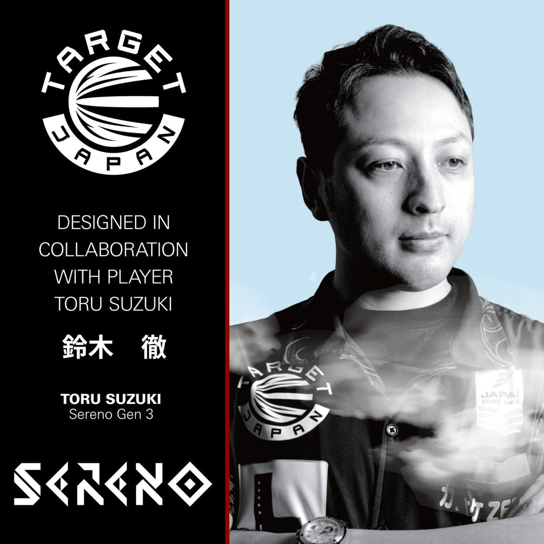 Toru Suzuki Sereno G3 Steel Tip Darts - 90% Tungsten – signature player and packaging artwork