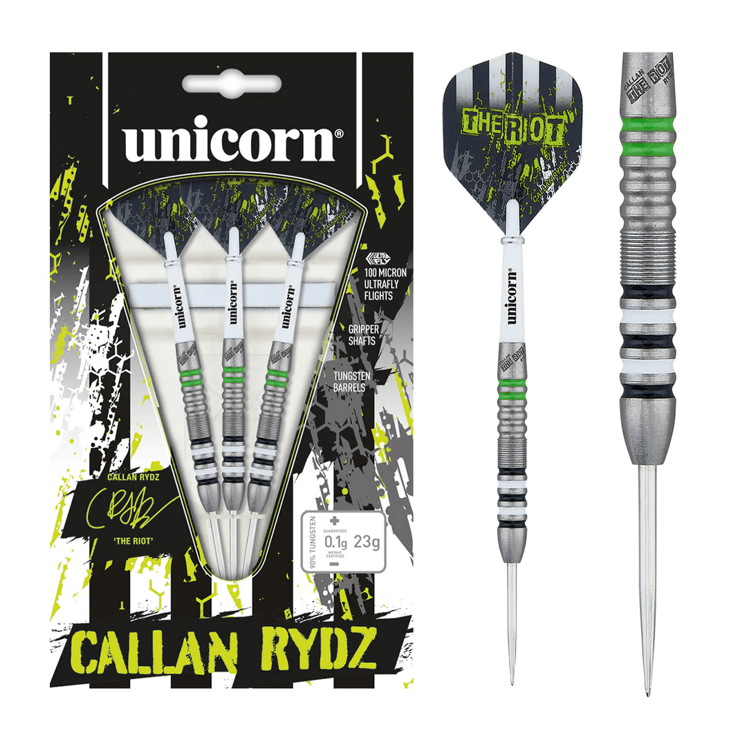 Unicorn Callan Rydz Riot Steel Tip Darts 80% Tungsten — dart, barrel detail and packaging