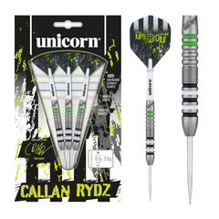 Unicorn Callan Rydz Riot Steel Tip Darts 80% Tungsten — dart, barrel detail and packaging