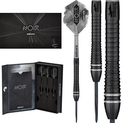 Unicorn Gary Anderson Noir Phase 6 90% Tungsten darts — dart, barrel detail and packaging