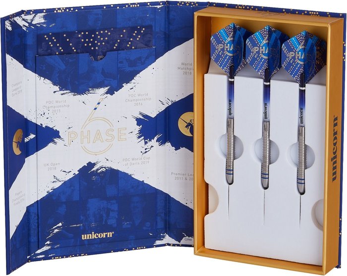 Unicorn Gary Anderson Phase 6 Steel Tip Darts 90% Tungsten — open presentation box with darts