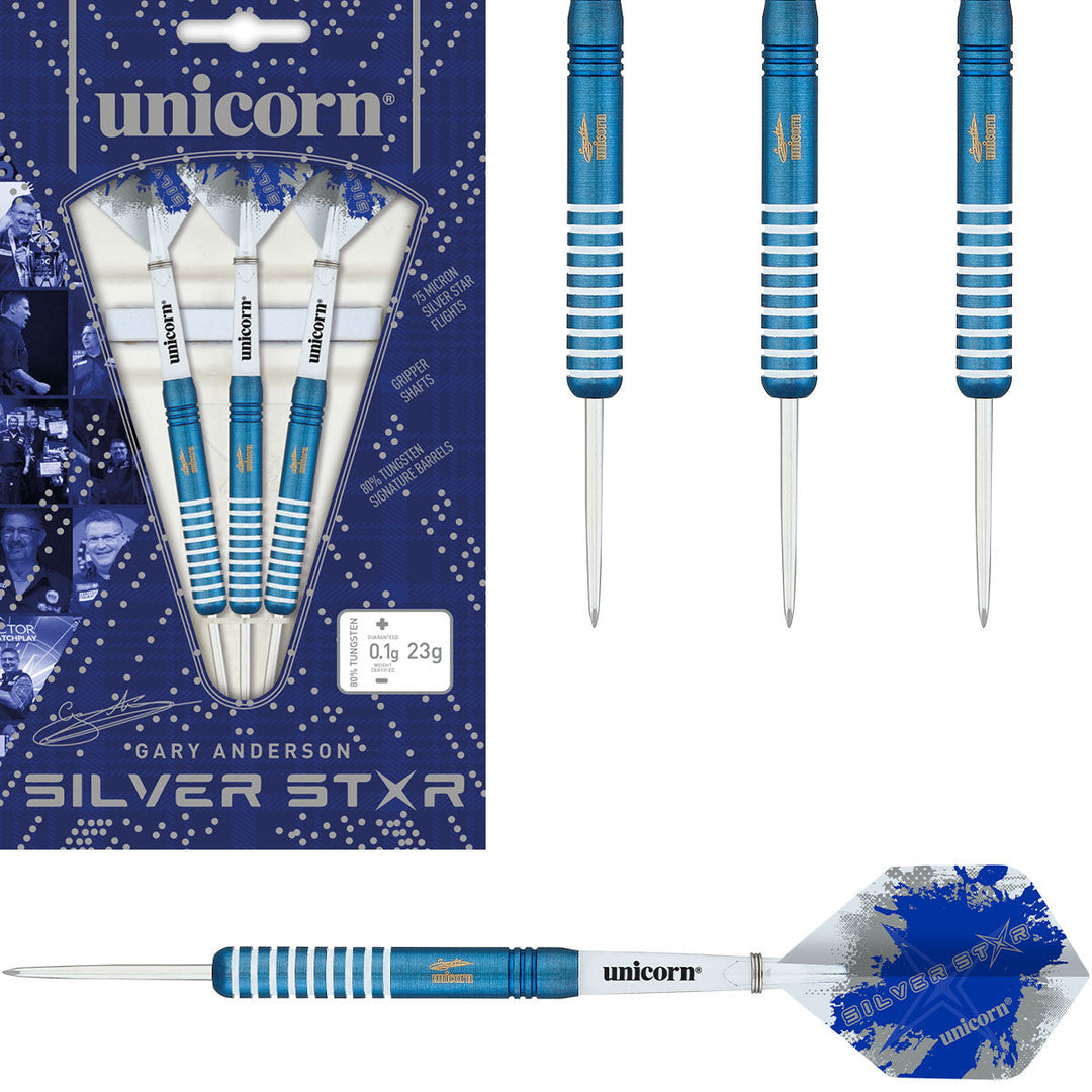Unicorn Gary Anderson Silverstar Steel Tip Darts 80% Tungsten — set contents and packaging