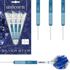 Unicorn Gary Anderson Silverstar Steel Tip Darts 80% Tungsten — set contents and packaging