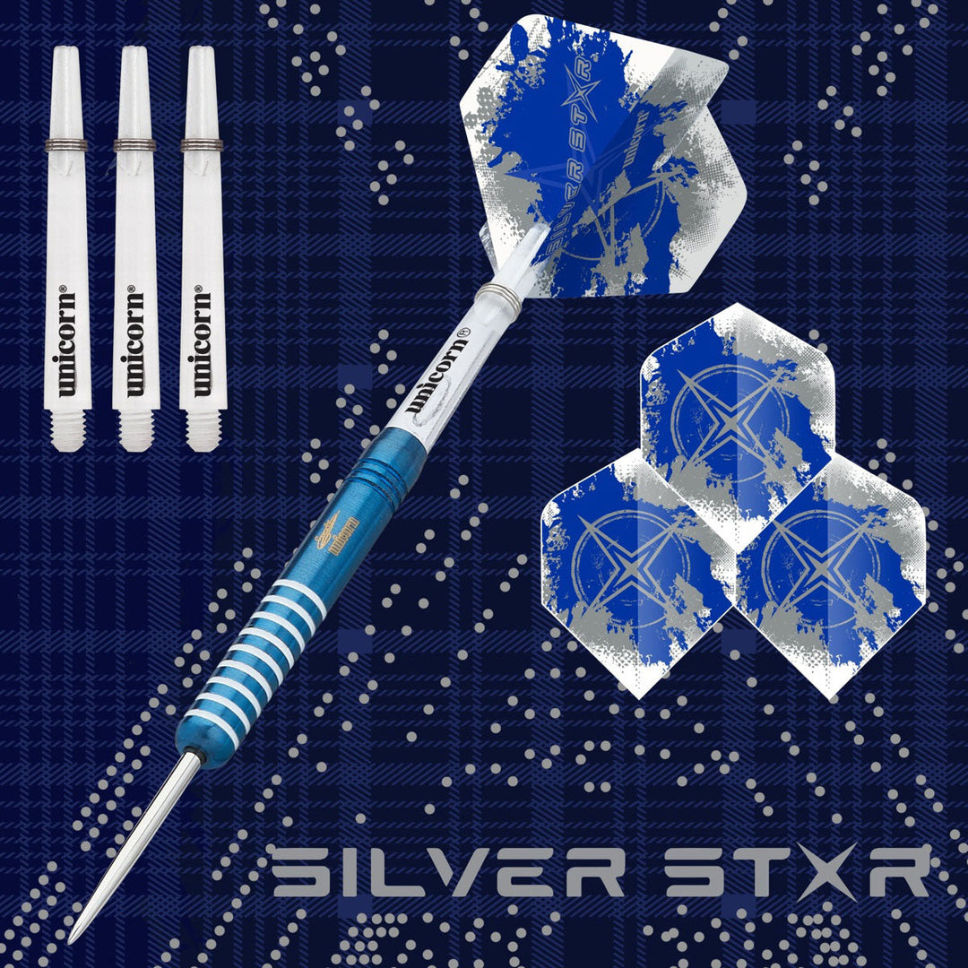 Unicorn Gary Anderson Silverstar Steel Tip Darts 80% Tungsten — flight, shaft and point details