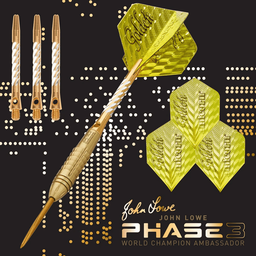 Unicorn John Lowe Phase 3 Steel Tip Darts 90% Tungsten — dart features diagram