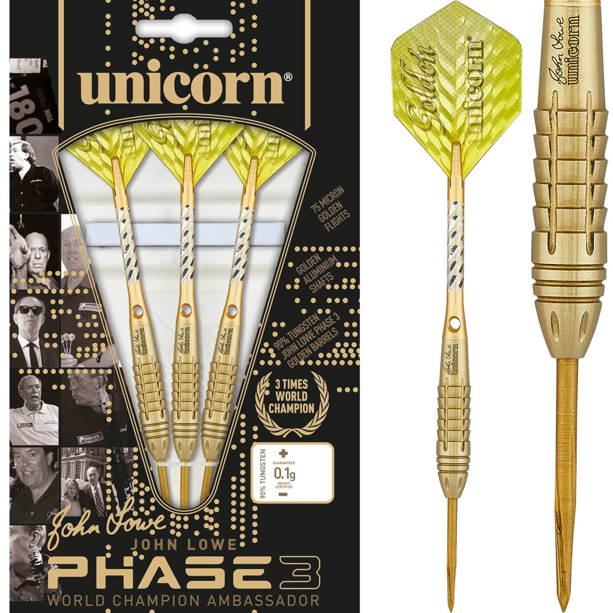 John Lowe Phase 3 Steel Tip Darts - 90% Tungsten — three barrel close-ups