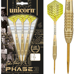 Unicorn John Lowe Phase 3 Steel Tip Darts 90% Tungsten — dart, barrel detail and packaging