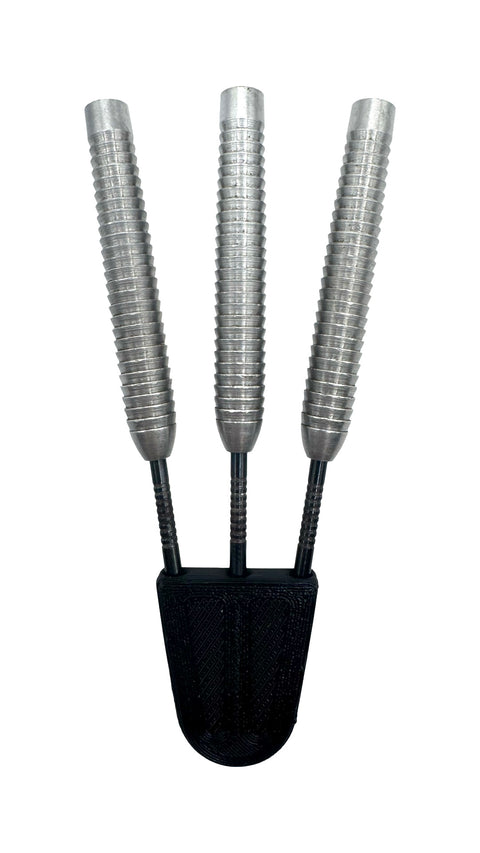 Used Victory Razor Shark Grip Barrel Darts 80% Tungsten 22g — three barrels in a point protector