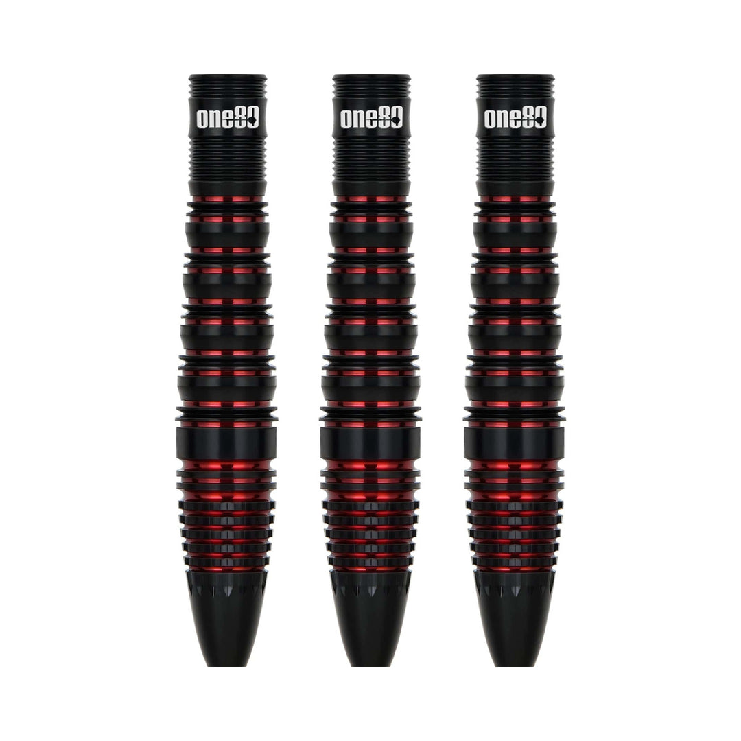 One80 Vaelkris V4 Steel Tip Darts - 90% Tungsten — three barrels, without shafts, flights or points