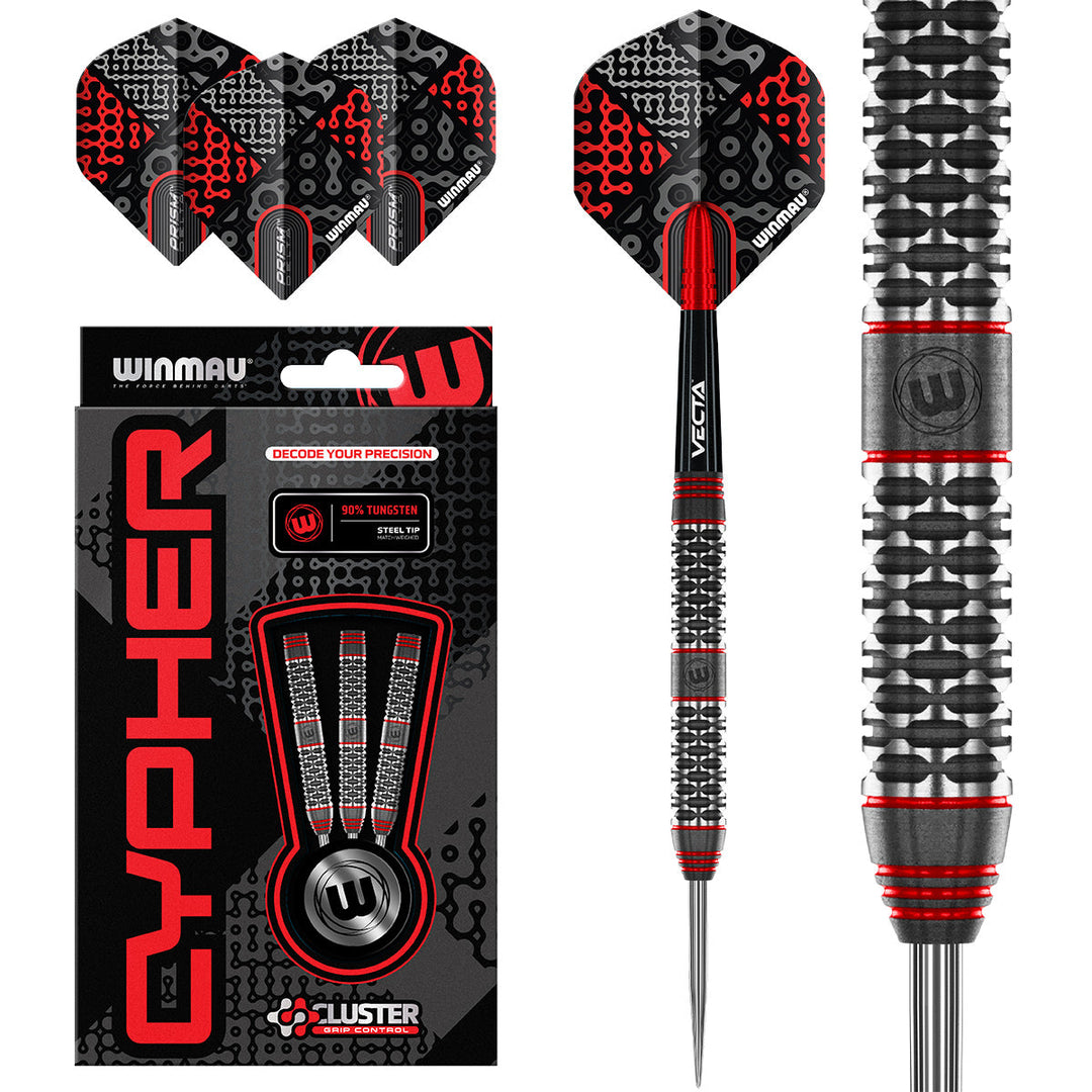 Winmau Cypher Steel Tip Darts 90% Tungsten — dart, barrel detail and packaging