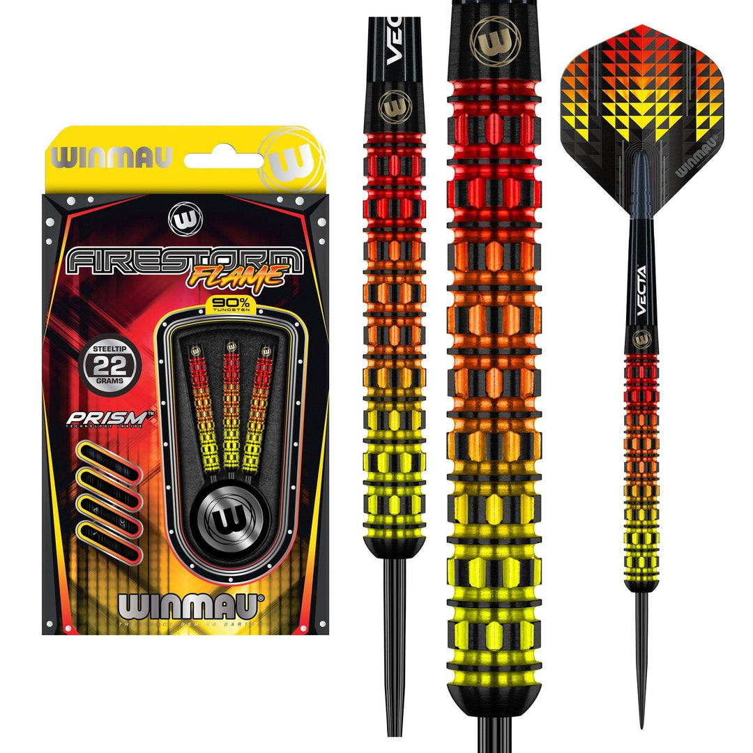 Winmau Firestorm Flame Steel Tip Darts 90% Tungsten — dart, barrel detail and packaging