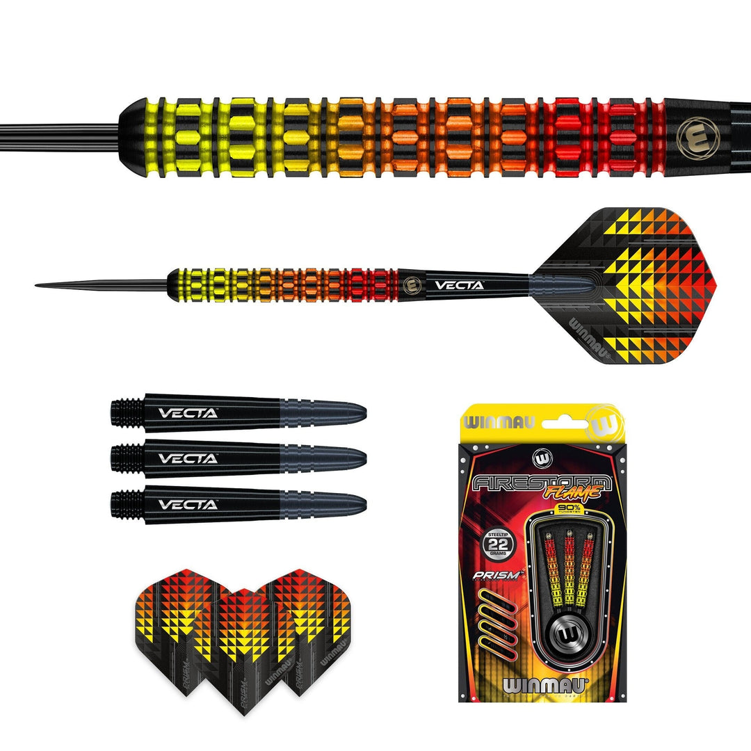 Winmau Firestorm Flame Steel Tip Darts 90% Tungsten — set contents and packaging