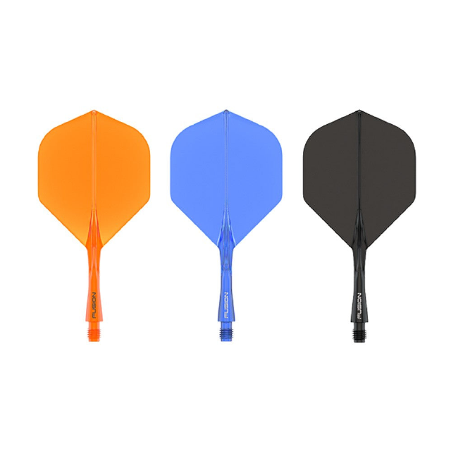 Fusion Integrated Flight And Shaft in Orange, Blue, Black; one of each offered colour shown, colour options sold separately.