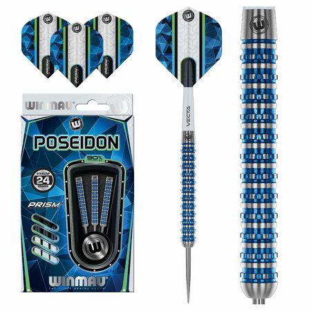 Winmau Poseidon Steel Tip Darts 90% Tungsten — dart, barrel detail and packaging