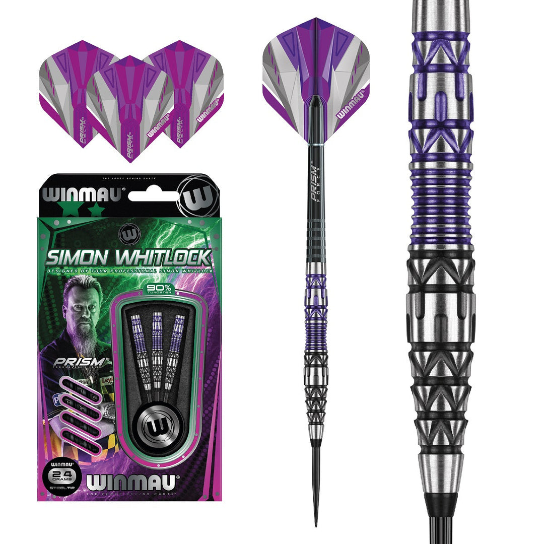 Winmau Simon Whitlock Special Edition Steel Tip Darts 90% Tungsten — dart, barrel detail and packaging