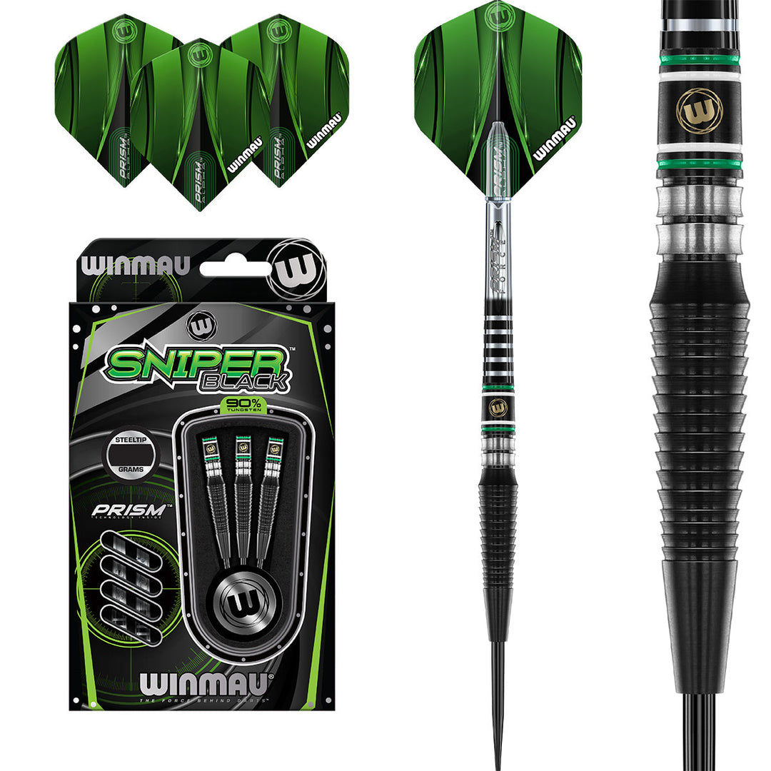 Winmau Sniper Black Steel Tip Darts 90% Tungsten — dart, barrel detail and packaging