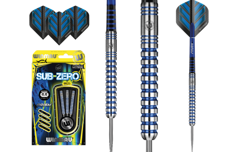 Winmau Sub Zero Steel Tip Darts 80% Tungsten — dart, barrel detail and packaging