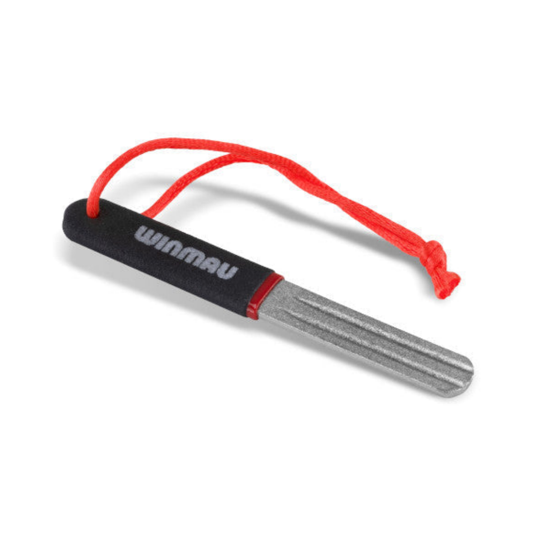Winmau V Groove dart sharpener, model 8437, with attached red loop; one complete tool on white.