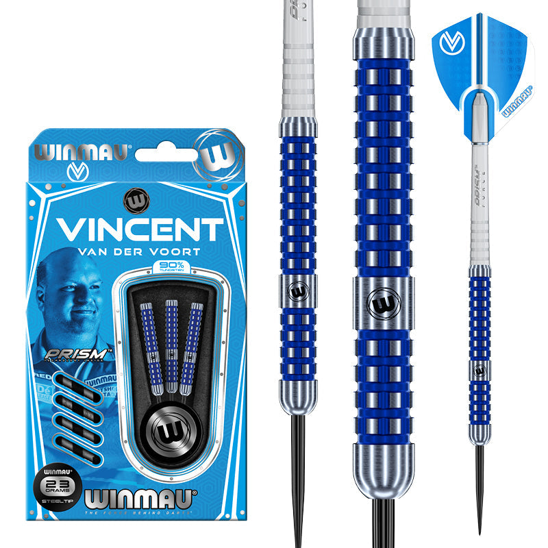 Winmau Vincent Van Der Voort Steel Tip Darts 90% Tungsten — dart, barrel detail and packaging