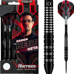 Harrows Damon Heta Black 90% Tungsten Darts — dart, barrel detail and packaging