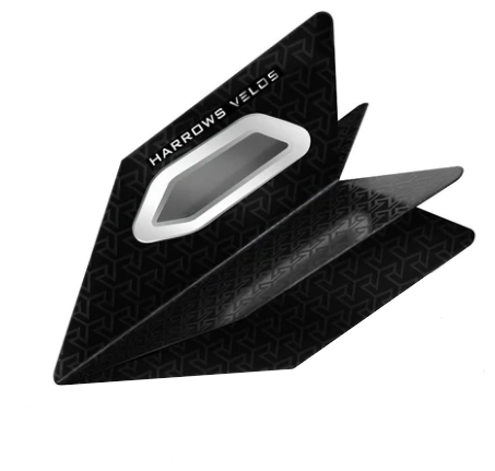 Harrows Velos Dart Flights Black — flight design, angled view