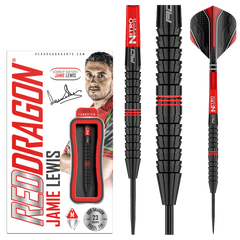 Red Dragon Jamie Lewis 90% Tungsten Darts — dart, barrel detail and packaging