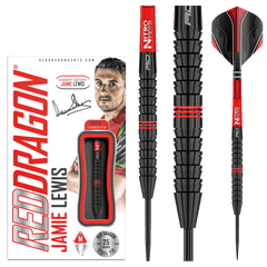 Red Dragon Jamie Lewis 90% Tungsten Darts — dart, barrel detail and packaging