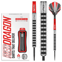 Red Dragon Javelin Black Steel Tip Darts 90% Tungsten — dart, barrel detail and packaging