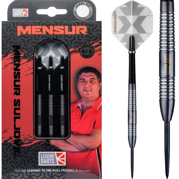Legend Darts Mensur Suljovic Steel Tip Darts 90% Tungsten — dart, barrel detail and packaging