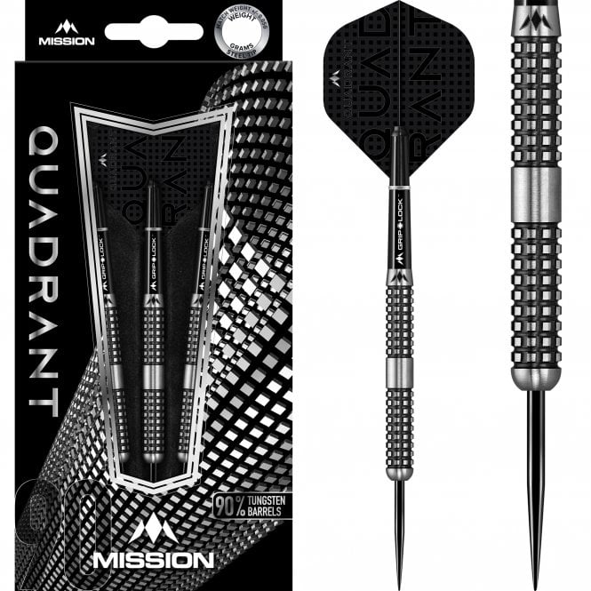 Mission Quadrant M4 90% Tungsten Darts — dart, barrel detail and packaging