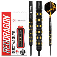 Red Dragon Nirvana Steel Tip Darts 90% Tungsten — dart, barrel detail and packaging