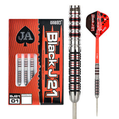 One80 Black J21 01 Steel Tip Darts 90% Tungsten — dart, barrel detail and packaging
