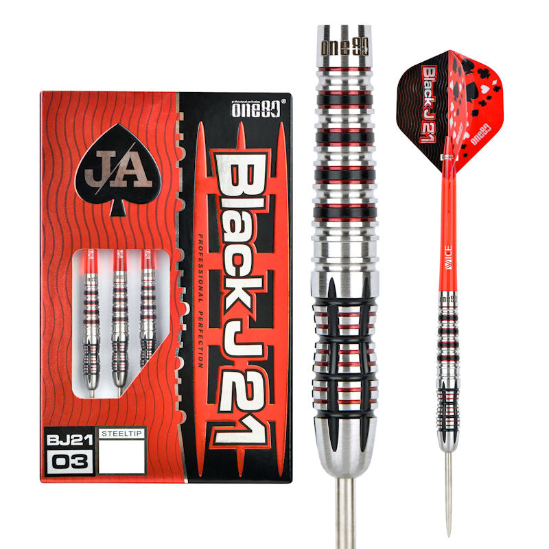 One80 Black J21 04 Steel Tip Darts 90% Tungsten — dart, barrel detail and packaging