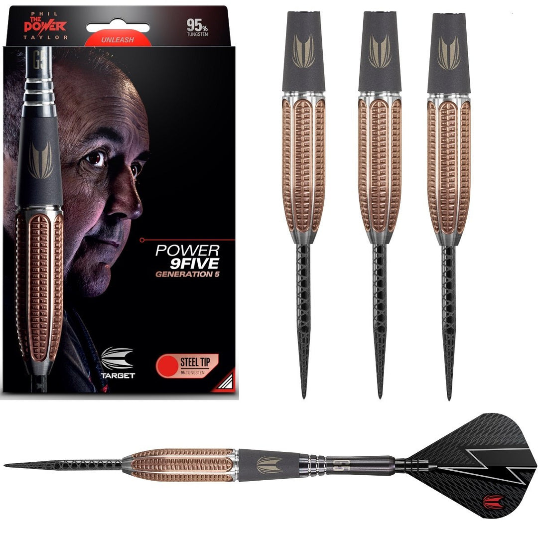Target Power 9Five Gen 5 Steel Tip Darts 95% Tungsten — set contents and packaging