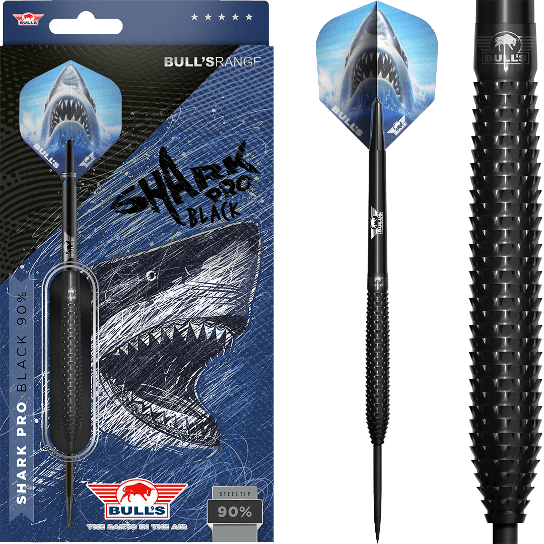 Shark Pro Black Steel Tip Darts - 90% Tungsten — three barrel close-ups