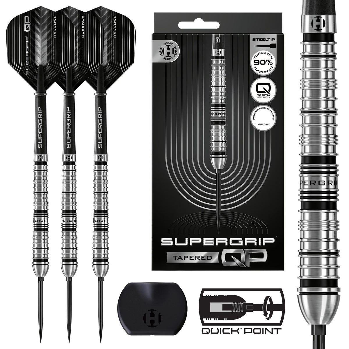 Supergrip Tapered QP Steel Tip Darts - 90% Tungsten — three barrel close-ups