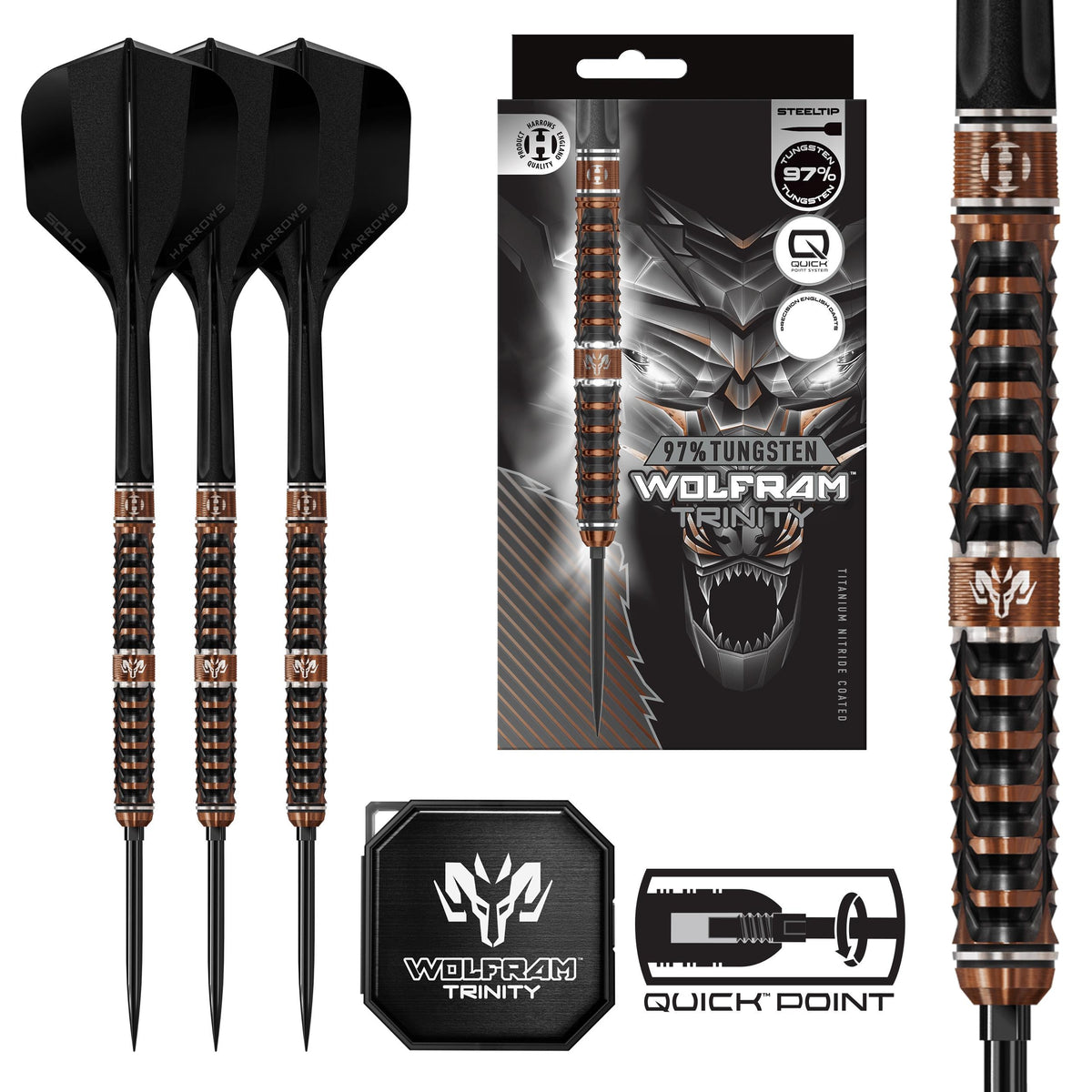 Wolfram Trinity QP Steel Tip Darts - 97% Tungsten — three barrel close-ups
