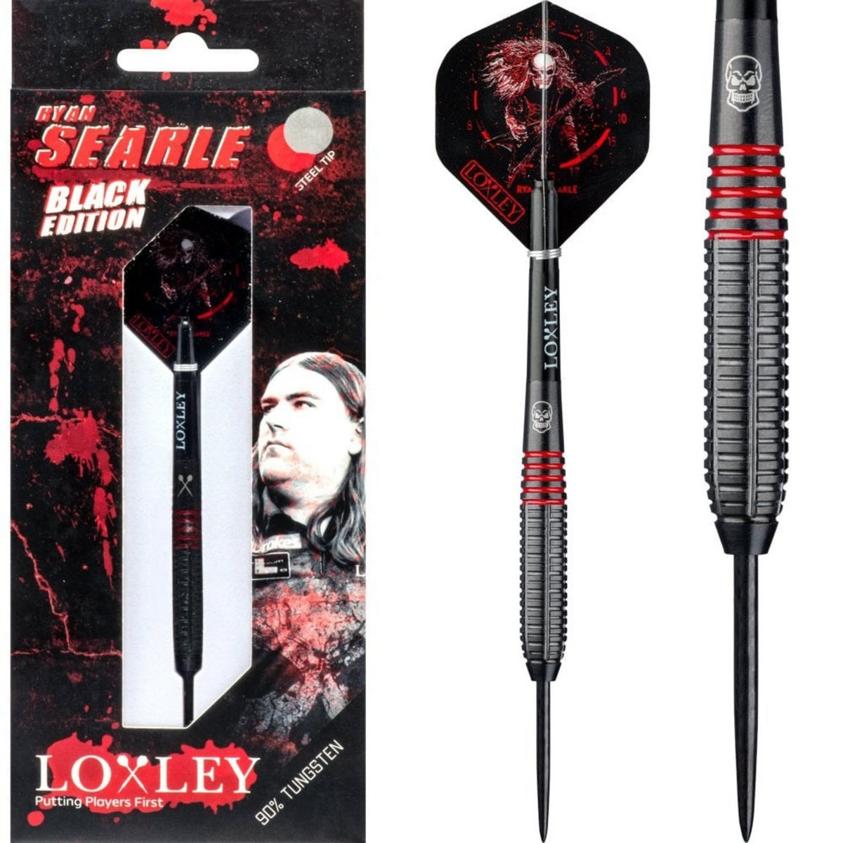 Loxley Ryan Searle Black 90% Tungsten Darts — three barrel close-ups