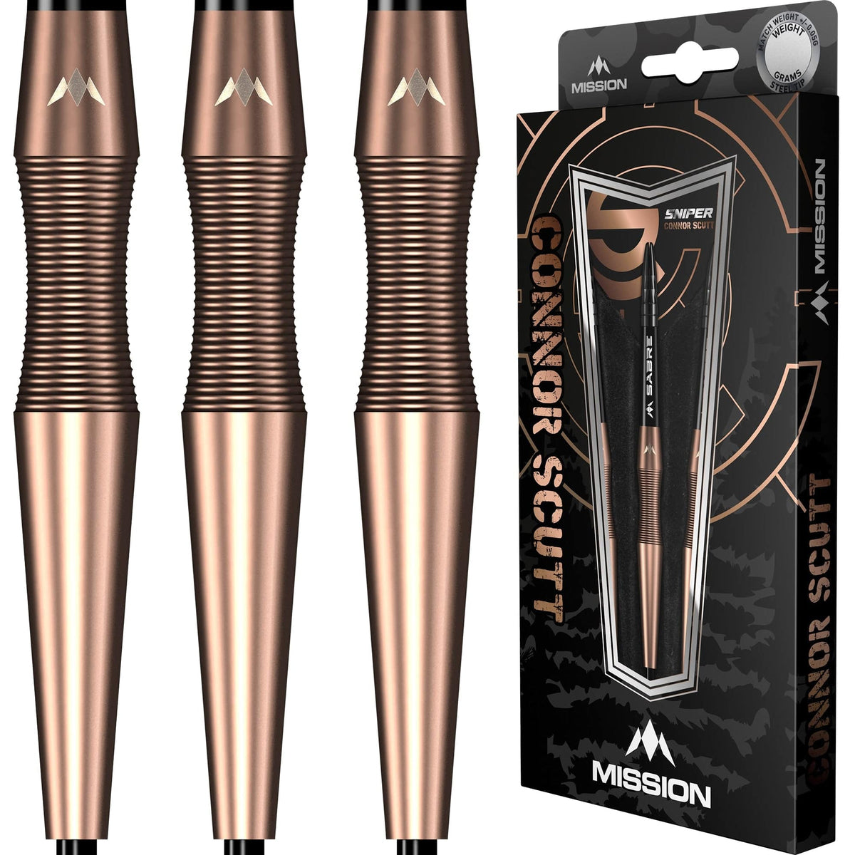 Connor Scutt V2 Bronze Pvd Steel Tip Darts - 90% Tungsten — three barrel close-ups