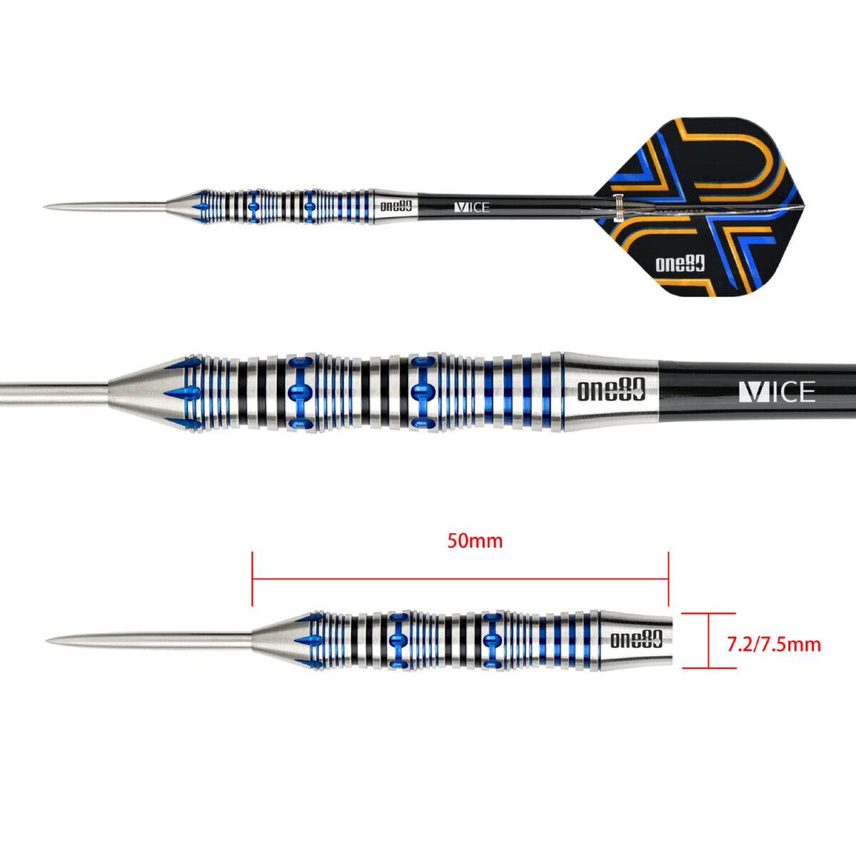 Ascent Black & Blue 02 Steel Tip Darts - 90% Tungsten — three barrel close-ups
