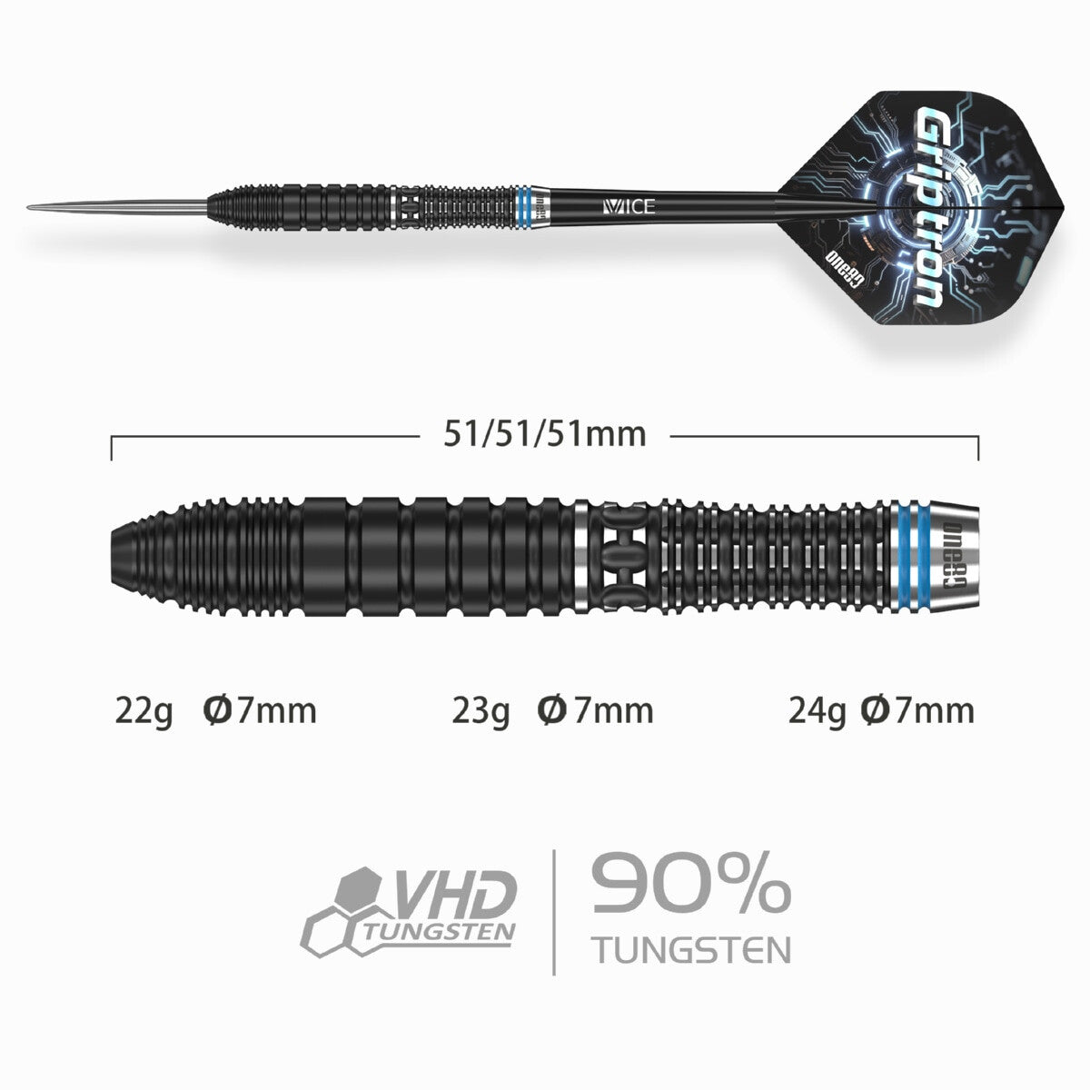 Griptron GT2 Steel Tip Darts - 90% Tungsten — three barrel close-ups