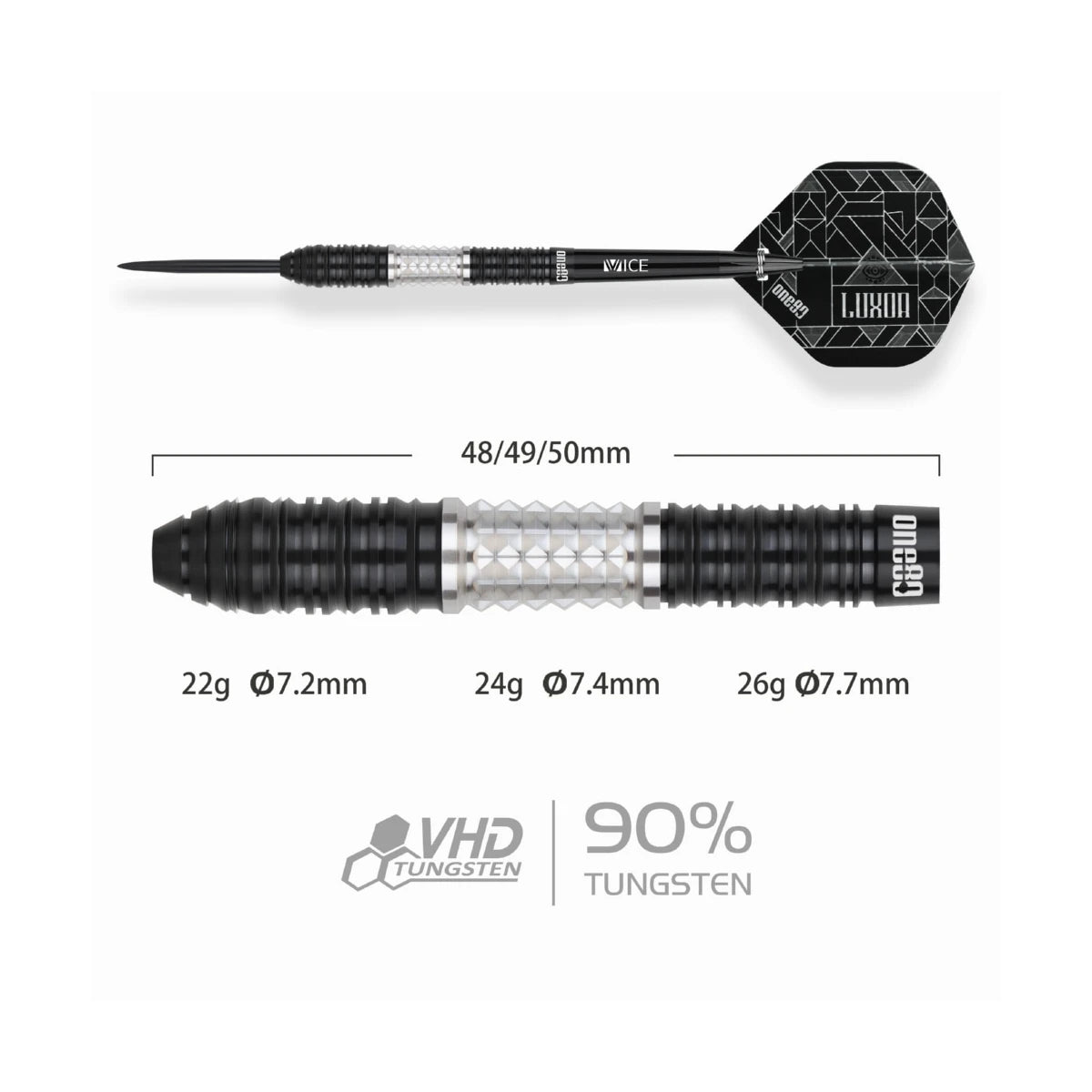 Luxor II Eta Steel Tip Darts - 90% Tungsten — three barrel close-ups