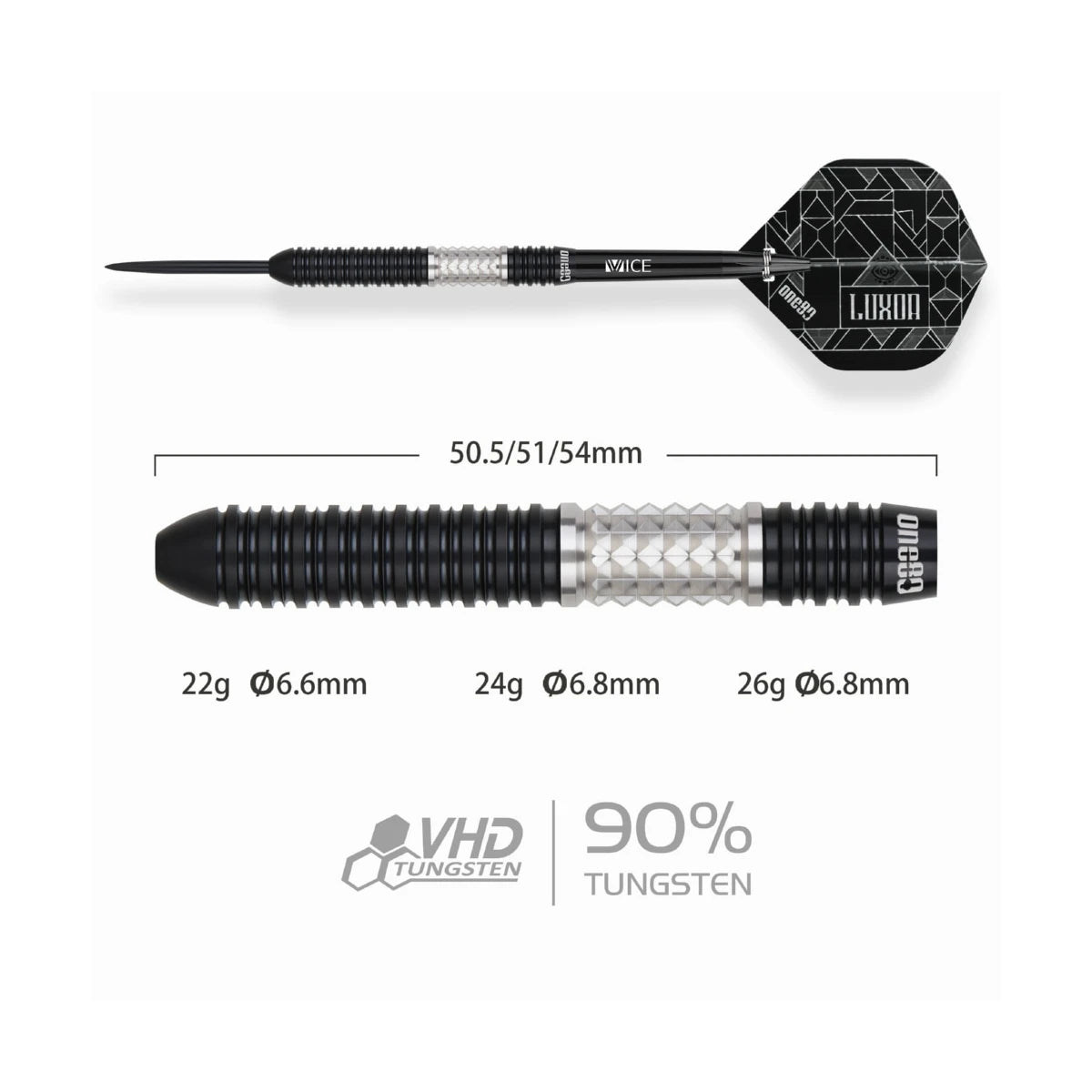 Luxor II Iota Steel Tip Darts - 90% Tungsten — three barrel close-ups