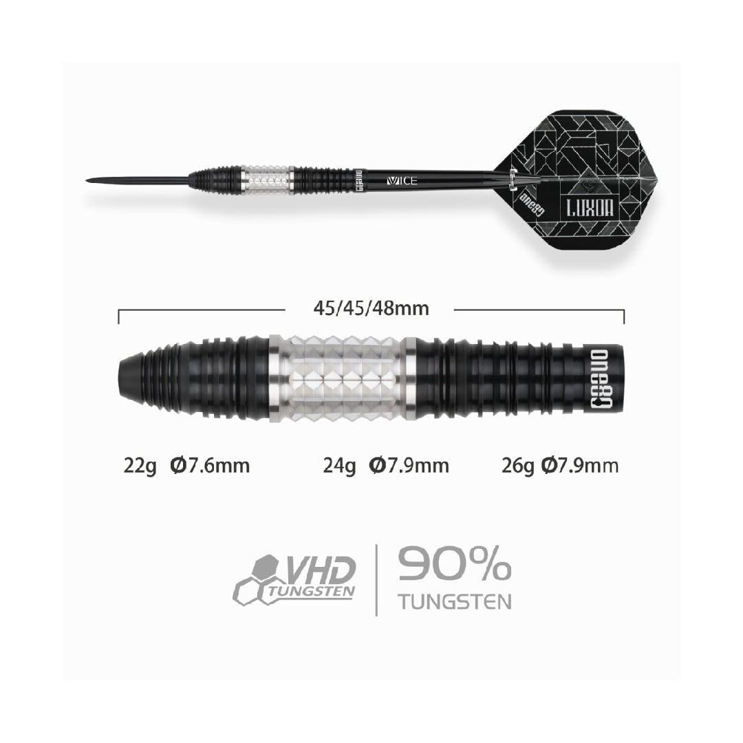 Luxor II Theta Steel Tip Darts - 90% Tungsten — three barrel close-ups