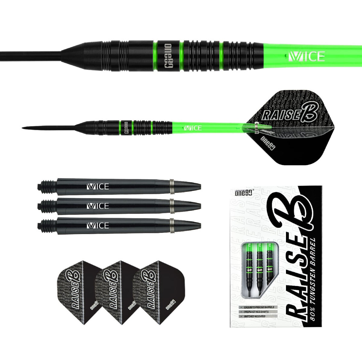 Raise B Green Steel Tip Darts - 80% Tungsten — three barrel close-ups