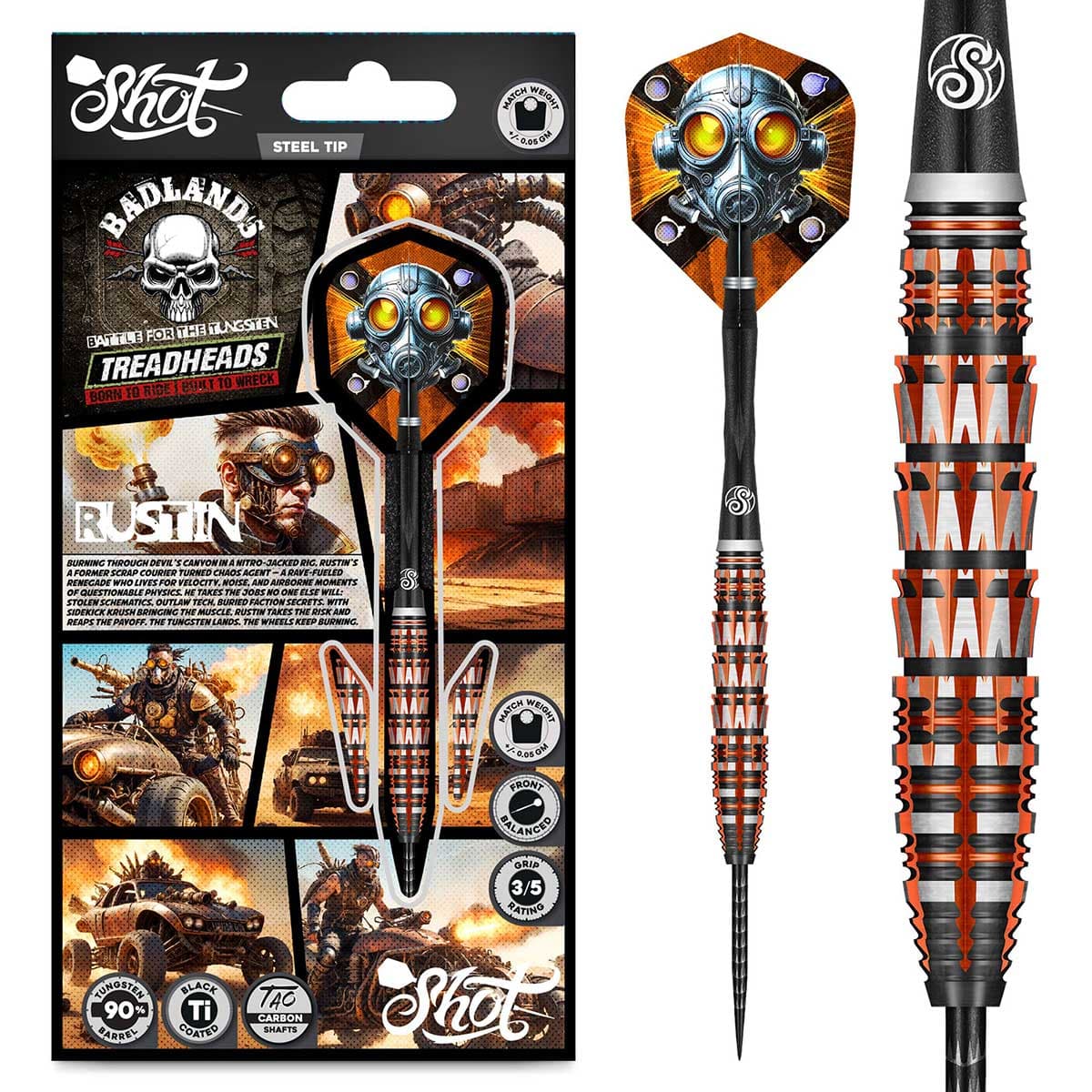 Badlands Rustin Steel Tip Darts - 90% Tungsten — three barrel close-ups