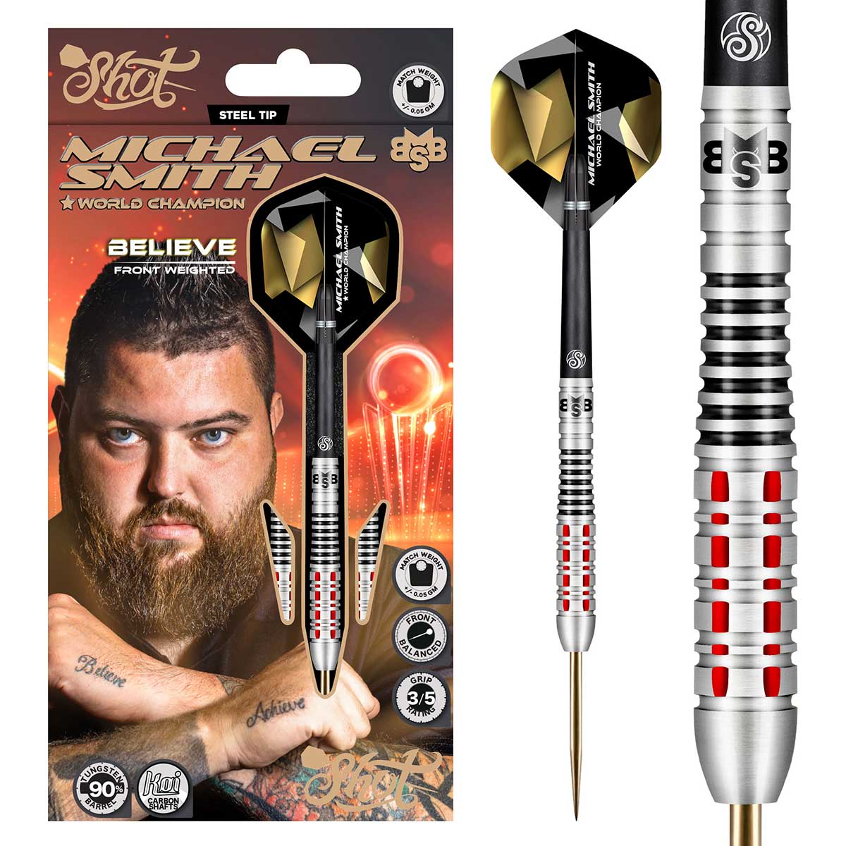 Shot - Michael Smith Believe Darts Steel Tip Darts - 90% — three barrel close-ups