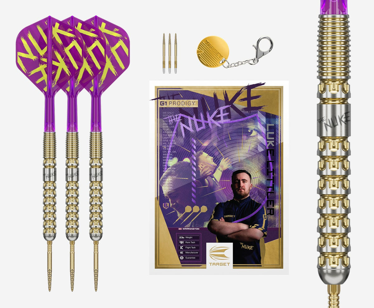 Luke Littler G1 Prodigy Steel Tip Darts - 90% Tungsten — three barrel close-ups