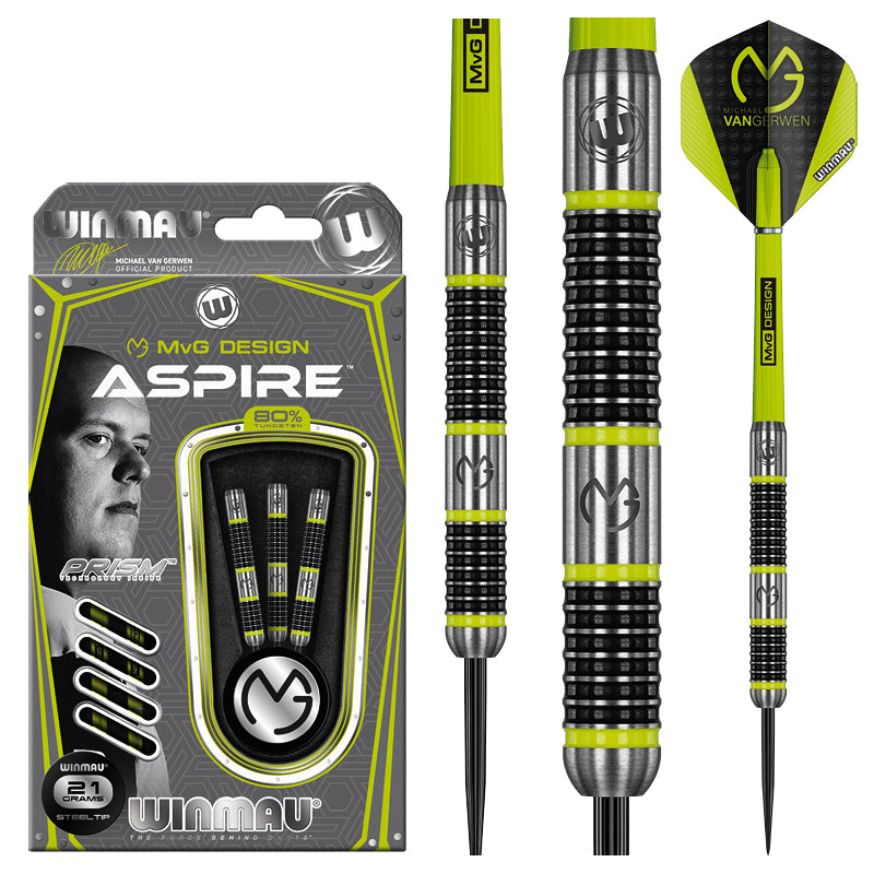 Mvg Aspire Steel Tip Darts - 80% Tungsten — three barrel close-ups